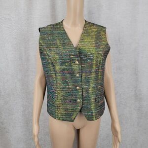 Vinci Vintage Silk Tweed Vest Waistcoat Green Metallic Gold  Festive